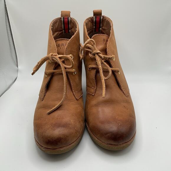 Sperry‎ Top Sider Ankle Boots Womens 7.5M Brown Leather Wedge Booties Lace Up - Picture 2 of 15